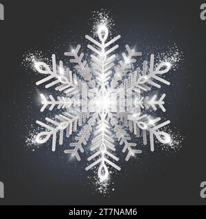 Silver snowflake with highlights and glitter on a dark graphite background for winter design. Stock Vector