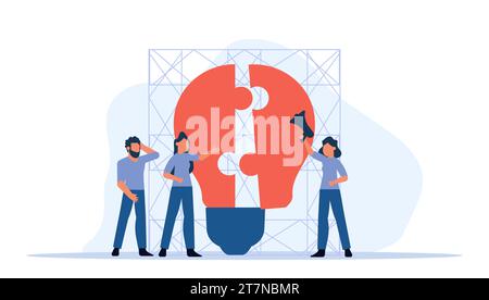 Brainstorming session led to success of the puzzle solving project, inspiring creativity vector illustration. Jigsaw puzzle pieces represent the colla Stock Vector