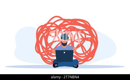 Computer programmer is working on a laptop at his home office, vector illustration a freelance concept with a flat cartoon character. Employee working Stock Vector