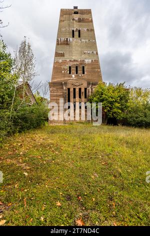 'A-Shaft' mine, which was disused in 1967, was designed by architect George Washington Maher in the shape of an obelisk. Silent witnesses of iron mining in the city of Ishpeming, Michigan, United States Stock Photo