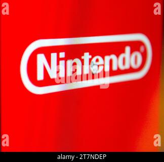 A photo of the red and white Nintendo logo on a computer screen. Stock Photo