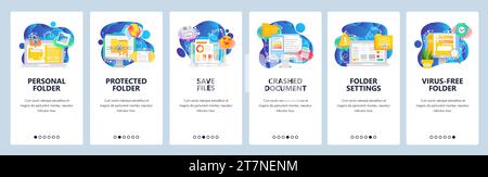 Mobile app onboarding screens. Business computer icons, secure file access, corrupted document, virus search. Menu vector banner template for website Stock Vector