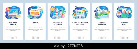 Mobile app onboarding screens. Software development, computer bug, female engineer. Menu vector banner template for website and mobile development. We Stock Vector