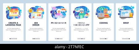 Mobile app onboarding screens. 404 error message, female software engineer, coding. Menu vector banner template for website and mobile development. We Stock Vector