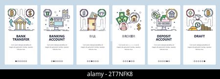 Mobile app onboarding screens. Banking icons, money transfer, banking accounts, broker trading, currency bill. Menu vector banner template for website Stock Vector