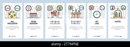 Mobile app onboarding screens. Travel bag, schedule, business trip, passport control, jet lag, hotel service. Menu vector banner template for website Stock Vector