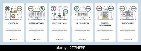 Mobile app onboarding screens. Travel documents, book a tour, buy online. Menu vector banner template for website and mobile development. Web site des Stock Vector