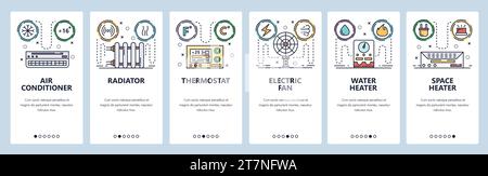 Mobile app onboarding screens. Home climate system, air con, water heater, thermostat. Menu vector banner template for website and mobile development. Stock Vector