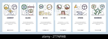 Mobile app onboarding screens. Construction building materials, cement, bricks, wood, stone. Menu vector banner template for website and mobile develo Stock Vector