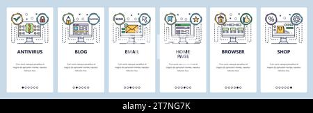 Mobile app onboarding screens. Computer technology services, antivirus, email, blog, browser. Menu vector banner template for website and mobile devel Stock Vector