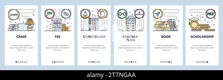 Mobile app onboarding screens. Education icons, tuition fee, scholarship, cram exam, books. Menu vector banner template for website and mobile develop Stock Vector