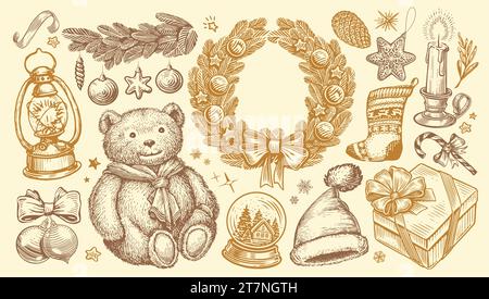 Happy holidays concept. Hand drawn illustration for Christmas or New Year decoration. Vintage vector Stock Vector