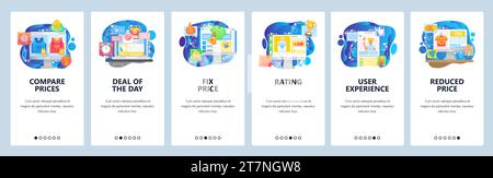 Mobile app onboarding screens. Online store price comparison, deal, video product review, rating, fix price. Menu vector banner template for website a Stock Vector