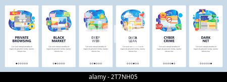 Mobile app onboarding screens. Cyber security, private browsing, data leak, deep web and darknet, black market. Vector banner template for website and Stock Vector