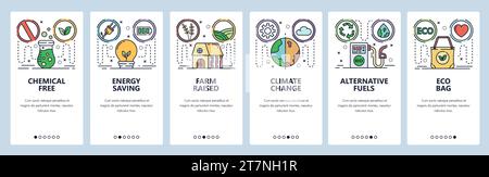 Mobile app onboarding screens. Green energy, global warming and climate change, eco bag. Menu vector banner template for website and mobile developmen Stock Vector