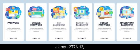 Mobile app onboarding screens. Password protection, computer cyber security, secure access, fingerprint technology. Menu vector banner template for we Stock Vector