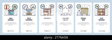 Mobile app onboarding screens. Home kitchen appliances and furniture, interior, oven, hood, rice cooker. Menu vector banner template for website and m Stock Vector