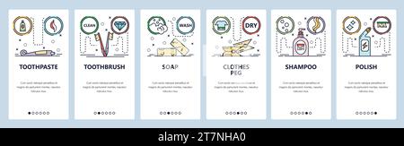 Mobile app onboarding screens. Bathroom accessories, soap, shampoo, toothpaste. Menu vector banner template for website and mobile development. Web si Stock Vector