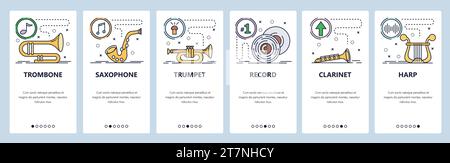 Mobile app onboarding screens. Musical instruments, trombone, saxophone, clarinet, harp, vinyl record. Menu vector banner template for website and mob Stock Vector
