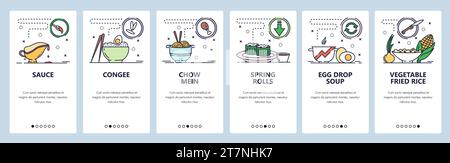 Mobile app onboarding screens. Asian and thai cuisine, cognee, spring rolls, fried rice. Menu vector banner template for website and mobile developmen Stock Vector