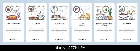 Mobile app onboarding screens. French food, cuisine, eclair, foie gras, onion soup. Menu vector banner template for website and mobile development. We Stock Vector