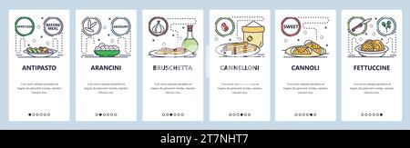 Mobile app onboarding screens. Intalian food cuisine, pasta, bruschetta, cannoli, cannelloni. Menu vector banner template for website and mobile devel Stock Vector