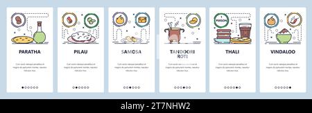 Mobile app onboarding screens. Indian and South-East Asia cuisine food, pilau, thali, roti, samosa. Menu vector banner template for website and mobile Stock Vector