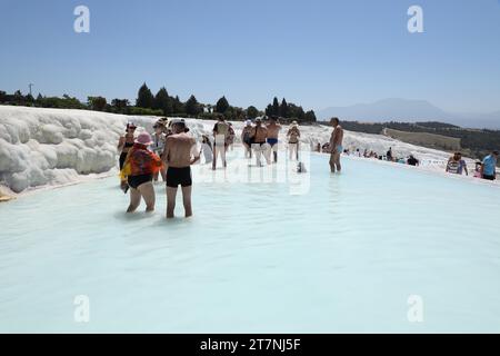 ANTALYA, TURKEY - MAY 15, 2021 Turquoise pools in travertine terraces at Pamukkale. Cotton castle in southwestern Turkiye Stock Photo