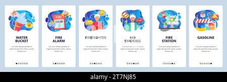 Mobile app onboarding screens. Fire fighting station, man firefighter, alarm signal, no smoking sign, flammable stuff. Menu vector banner template for Stock Vector