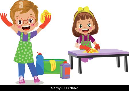cute boy and girl washing the accumulated dishes Stock Vector