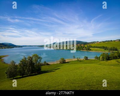 Aerial shot over the local recreation area at the Irrsee in Austria Stock Photo