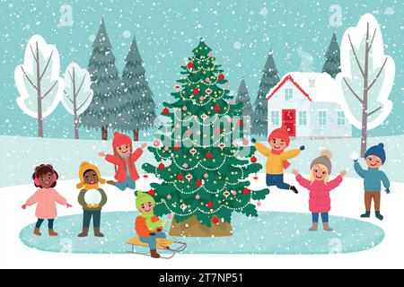 Winter childish outdoor activities near decorated Christmas tree in winter background. Vector illustration in flat style Stock Vector