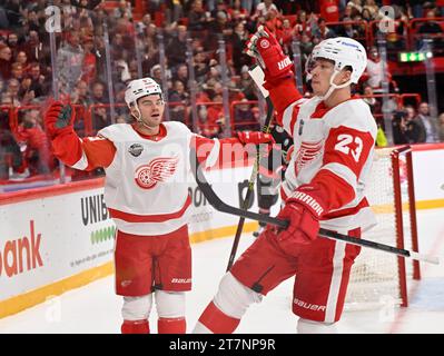 Stockholm, Sweden. 16th Nov, 2023. Detroit Red Wings Lucas Raymond (#23, R) celebrates his goal 1-4 with Alex DeBrincatduring the NHL Global Series Sweden ice hockey match between Detroit Red Wings and Ottawa Senators at Avicii Arena in Stockholm, Sweden, on Nov. 16, 2023. Photo: Henrik Montgomery/TT/kod 10060 Credit: TT News Agency/Alamy Live News Stock Photo