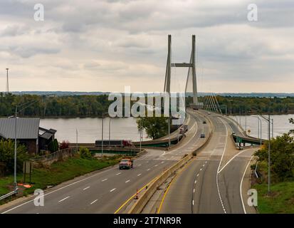 View down the road over the Great River Bridge across Mississippi between Burlington Iowa and Illinois Stock Photo