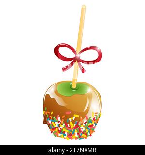 Vector illustration of apple on a stick in toffee caramel and sweet sprinkles in cartoon style Stock Vector