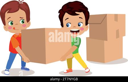 cute kids carrying heavy boxes Stock Vector