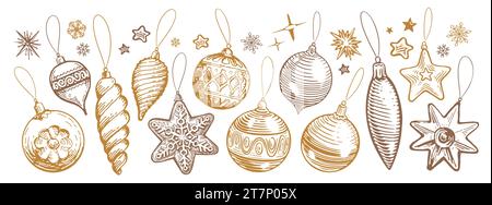 Christmas design elements, vector set. Holiday decorations, balls and baubles. Vintage illustration Stock Vector