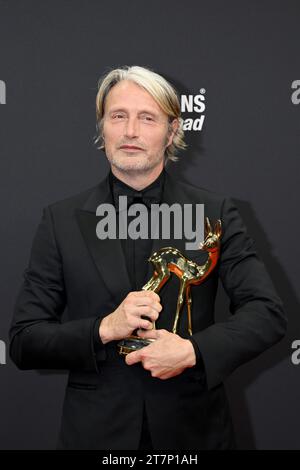 Mads Mikkelsen, actor from Denmark, poses with the Bambi he received in