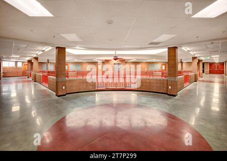 The hallway in an elementary school, with money saving cnstruction materials, and High efficency computer controlled LED light fixtures. Stock Photo