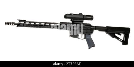 AR 15 assault rifle, with barrel, stock, trigger, grip, and flash suppressor, isolated on a white background in the studio, Stock Photo