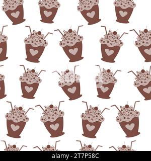 Seamless dessert pattern with cocktail straw, decoration and cream in monochrome trendy chocolate shade. Isolate. EPS. Vector for wrapping, wallpaper or web, poster, cards and other different uses  Stock Vector