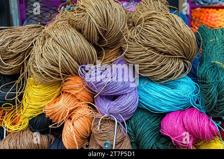 Decorative colorful rope string piles interlocked fibres used in knitting Stock Photo