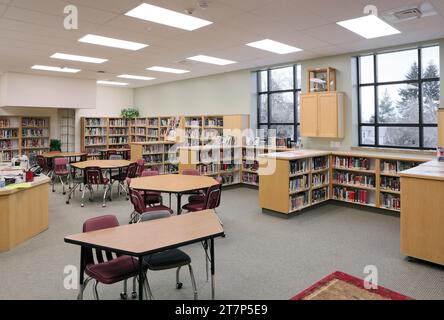 The media center and library in a modern alternative public high school. Stock Photo