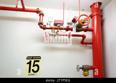 Water Fire Sprinkler System Valves in a building. Stock Photo