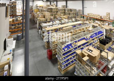 An overhead view of the racks and shelves of a modern organized warehouse. Stock Photo