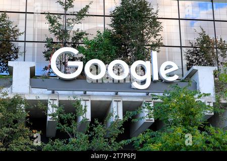 Signage for Google at St. John’s Terminal, 335 W Houston St/550 Washington St, New York in Manhattan's Hudson Square/SoHo. Stock Photo
