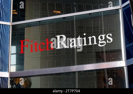 Window signage for Fitch Ratings, a credit rating agency, in Downtown Manhattan, New York City Stock Photo