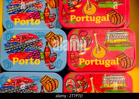 Symbols of Portugal, fancy vintage Portuguese sardine cans, keepsakes, Bolhao Market, Porto, Portugal Stock Photo