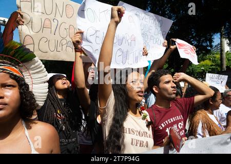 Salvador, Bahia, Brazil - May 30, 2019: Indigenous people protest against President Jair Bolsonaro's decisions in the city of Salvador, Bahia. Stock Photo
