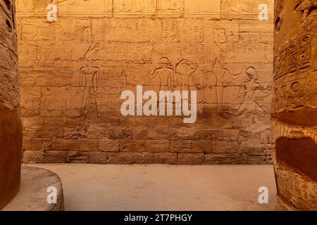 Hieroglyphic reliefs on the walls and columns of the ancient ruins of Karnak Temple complex in the Egyptian Desert city of Luxor Stock Photo